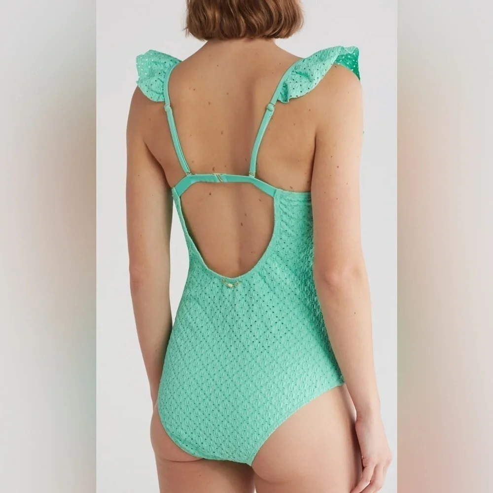 Betsy Johnson Ruffle Swimsuit. Biscay Green. Size Medium. NWT